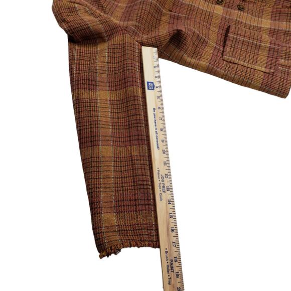 Coldwater Creek 16 Plaid Blazer Women Gold Plum Recycled Wool Blend Frayed Edges - Picture 4 of 11